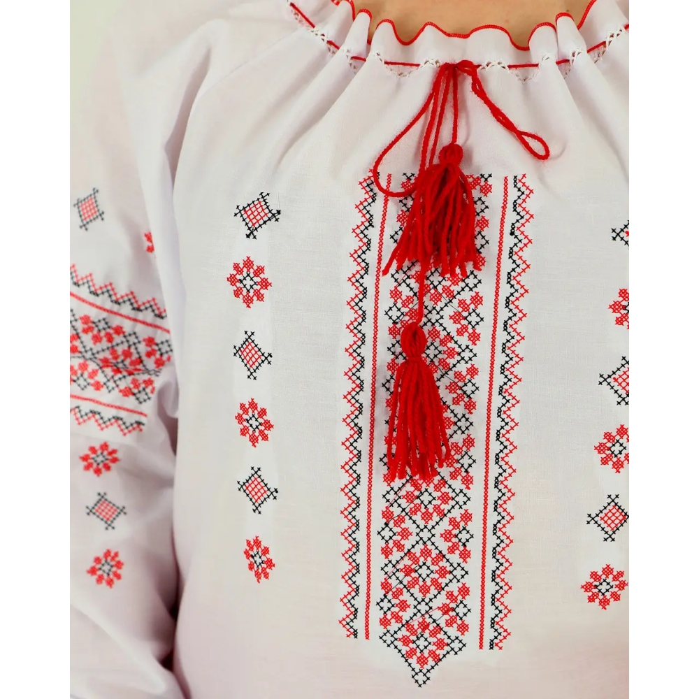 Вишиванка жіноча біла з червоним орнаментом Діана, ошатна блуза вишита хрестиком з довгим рукавом