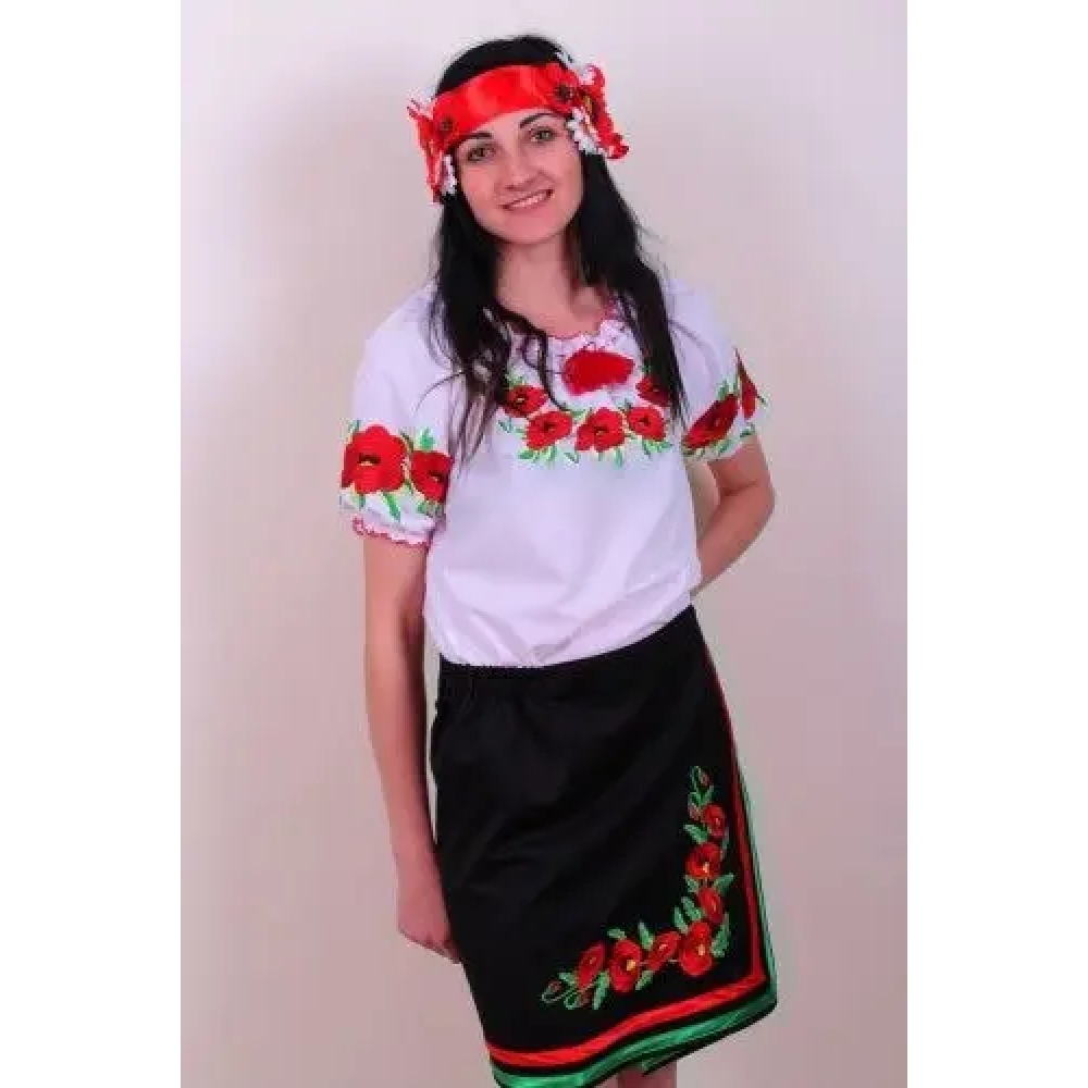 Спідниця плахта Маки для дівчинки, чорна на запах, об'єм регулюється, 104,110,116,122,128,134,140,146,152см