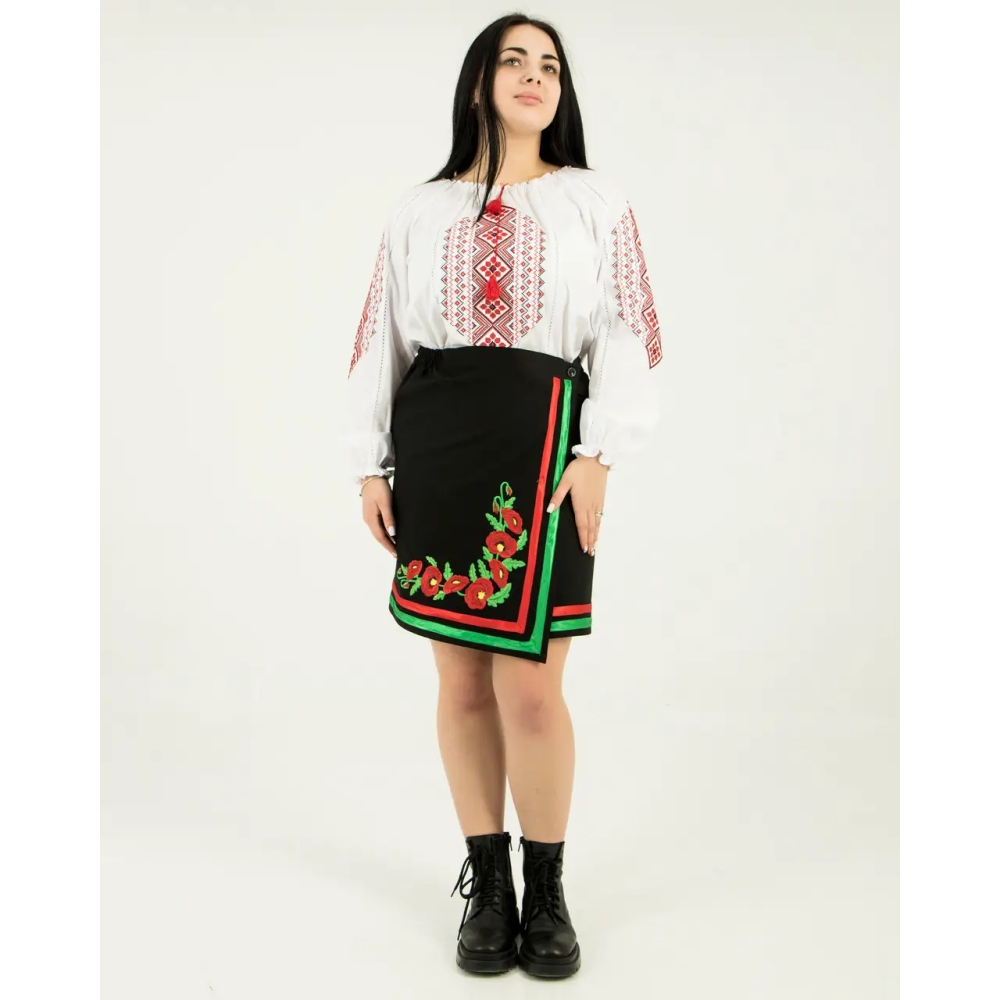 Спідниця плахта Маки для дівчинки, чорна на запах, об'єм регулюється, 104,110,116,122,128,134,140,146,152см