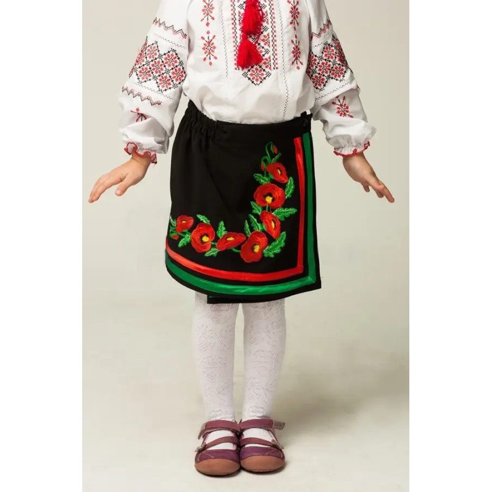 Спідниця плахта Маки для дівчинки, чорна на запах, об'єм регулюється, 104,110,116,122,128,134,140,146,152см