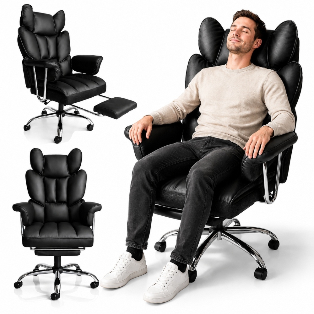 Офісне крісло Relax Pro до 150 кг з підставкою для ніг, широким сидінням, подвійним наповнювачем KO50CZ чорне комп'ютерне крісло