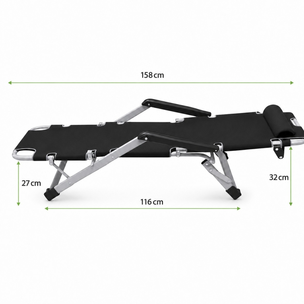 Садове пляжне крісло Ideal Garden з матрацом та подушкою, до 90 кг, чорний, шезлонг для саду та тераси