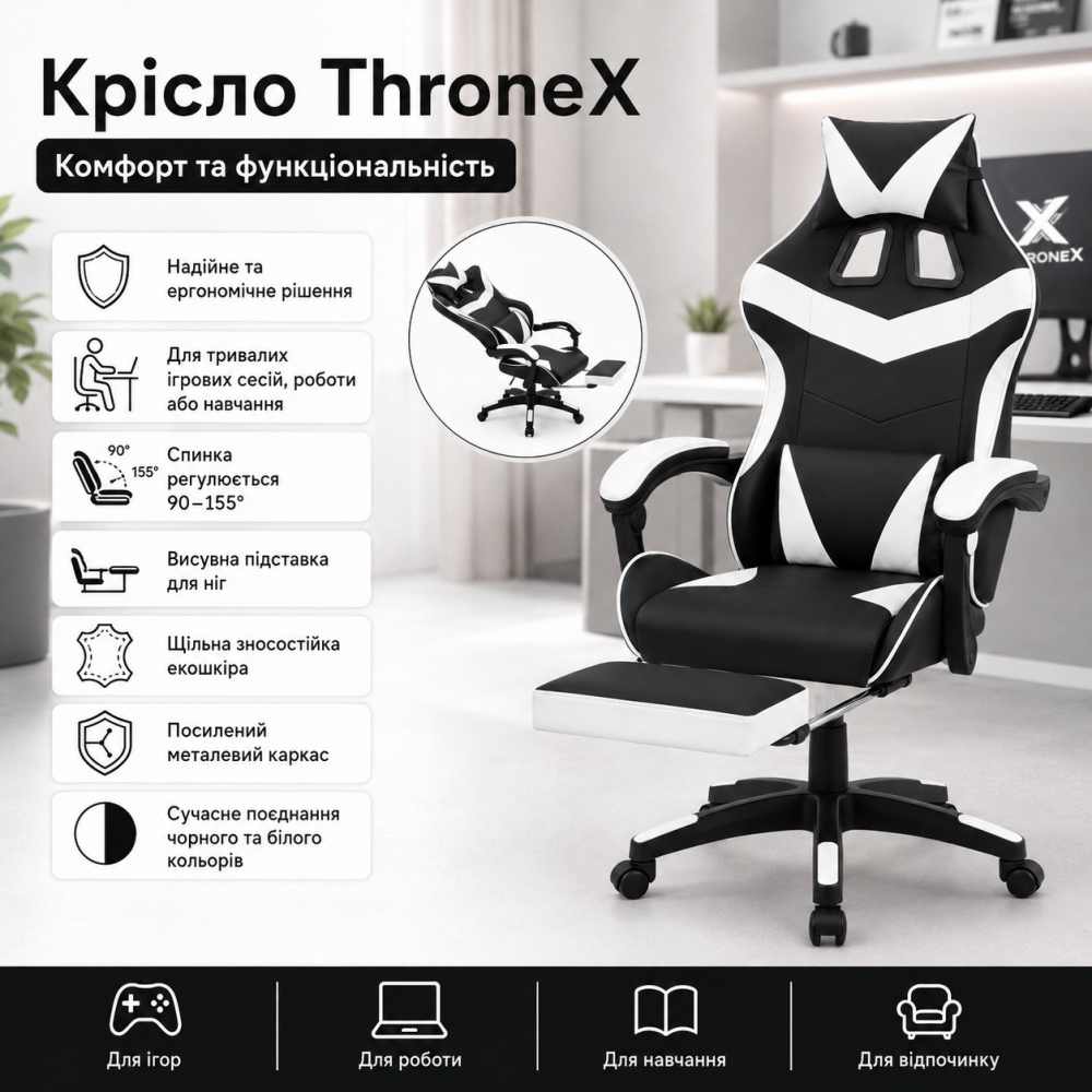 Оригінальне геймерське крісло до 130 кг з підніжкою ThroneX чорно-біле