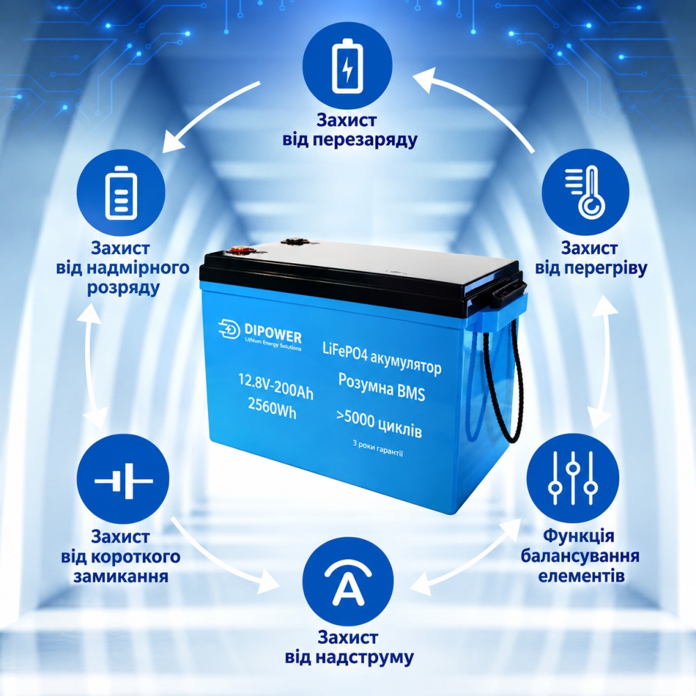 LiFePO4 12V/200Ah Акумулятор Dipower для резервного живлення будинку, квартири з BMS