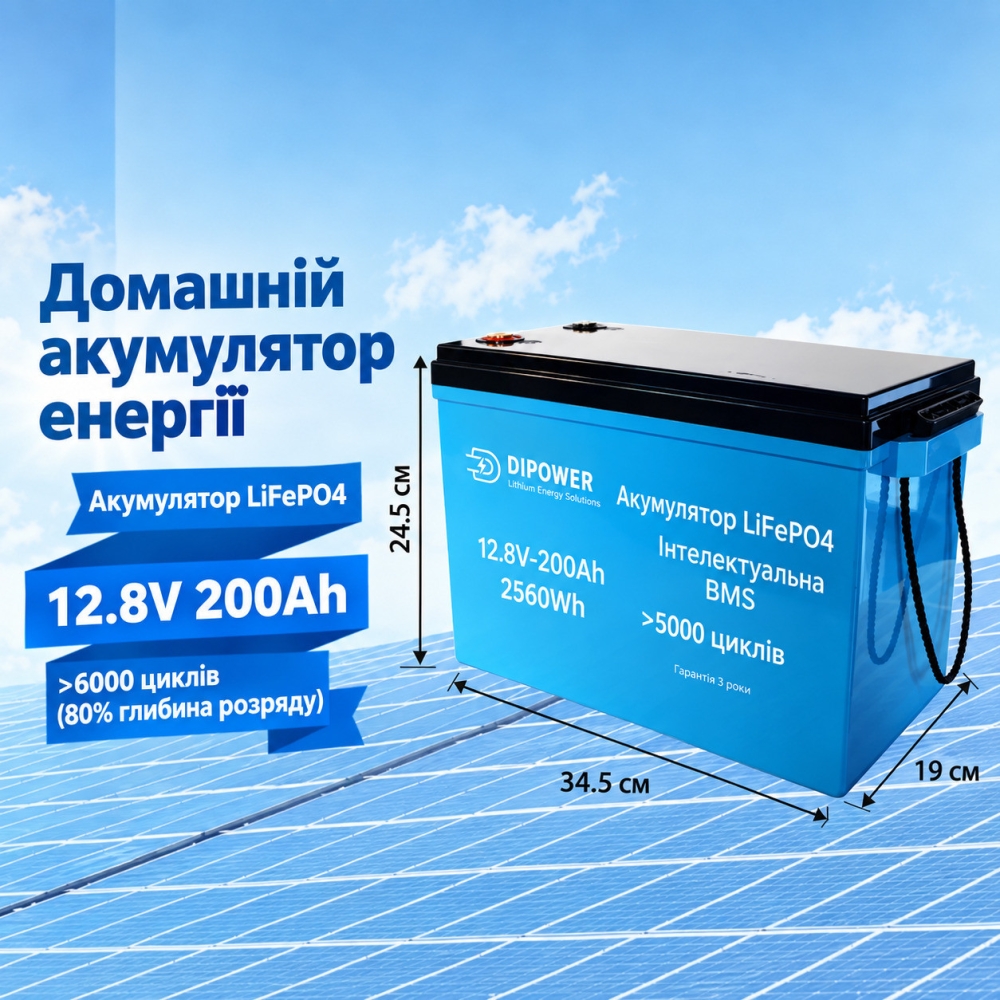 LiFePO4 12V/200Ah Акумулятор Dipower для резервного живлення будинку, квартири з BMS