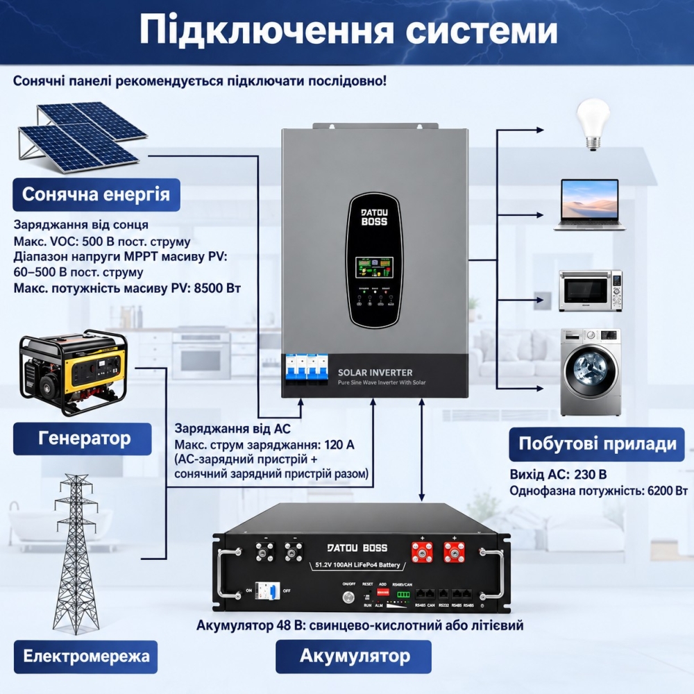 6,2 кВт*год Комплект резервного живлення Інвертор Datouboss DT4862L + акумулятором 5,12 кВт·год, DT-3U-Z, з BMS для будинку, офісу