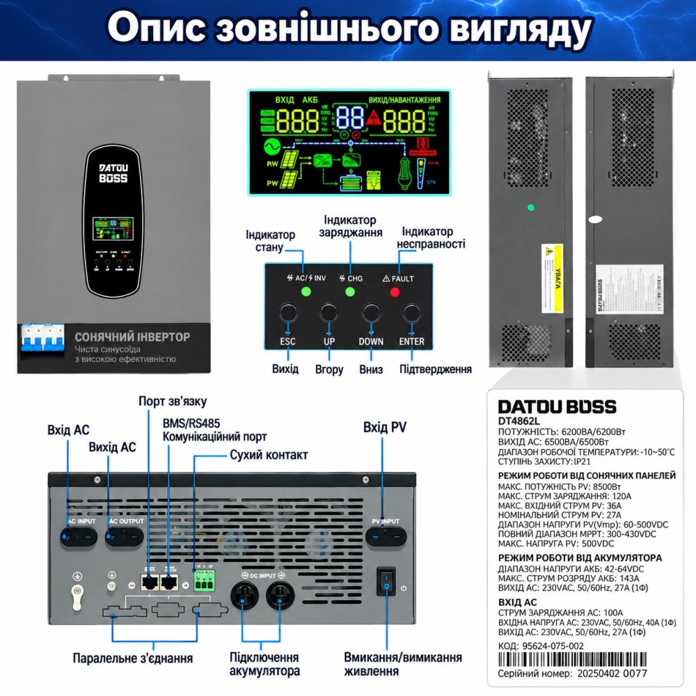 6,2 кВт*год Комплект резервного живлення Інвертор Datouboss DT4862L + акумулятором 5,12 кВт·год, DT-3U-Z, з BMS для будинку, офісу