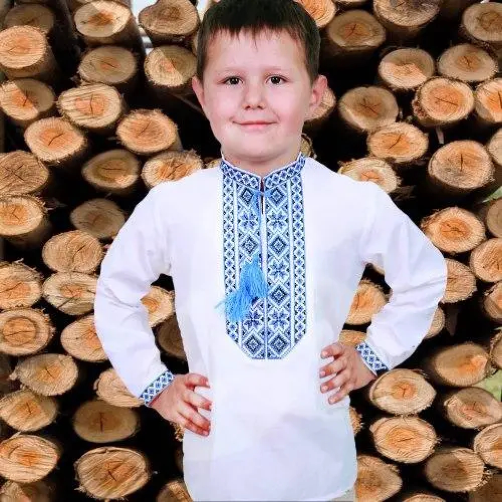 Вишиванка для хлопчика біла Козак, вишивка хрестиком, довгий рукав, повсякденна, на 1-9 років 140-170р