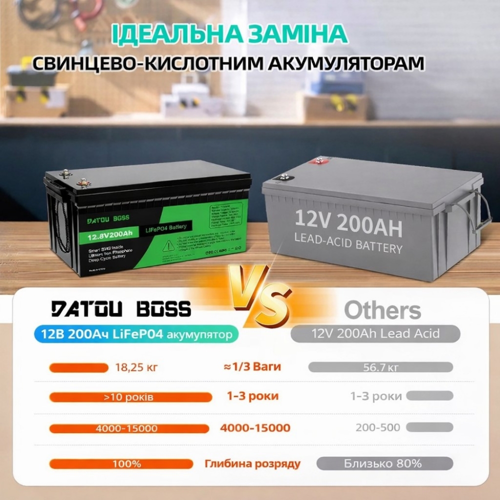 Уцінка! LiFePO4 12V 200Ah акумулятор Datouboss літій-залізо-фосфатний BMS, 2560 Wh