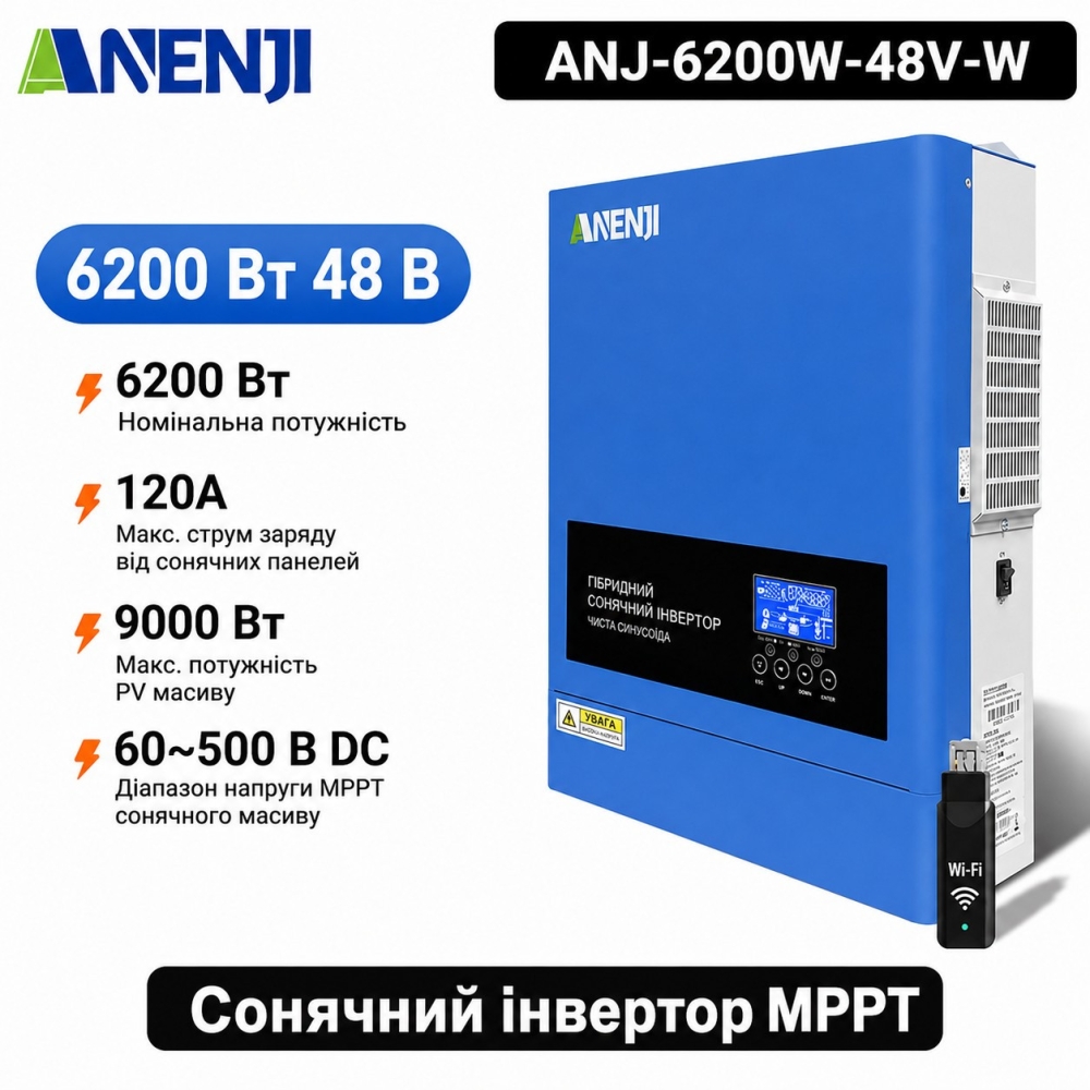 10,24 кВт*год LiFePO4 Комплект резервного живлення інвертор Anenji WiFi + 2 акумулятора Genix Green 51.2V 100Ah
