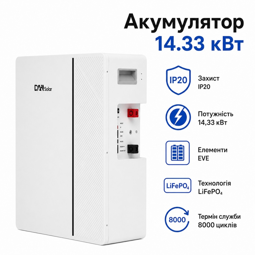 LiFePO4 5,12 кВт Настінний/підлоговий акумулятор DAH Solar 51.2V 100Ah, BMS, Wi-Fi/Bluetoot для систем резервного живлення будинку
