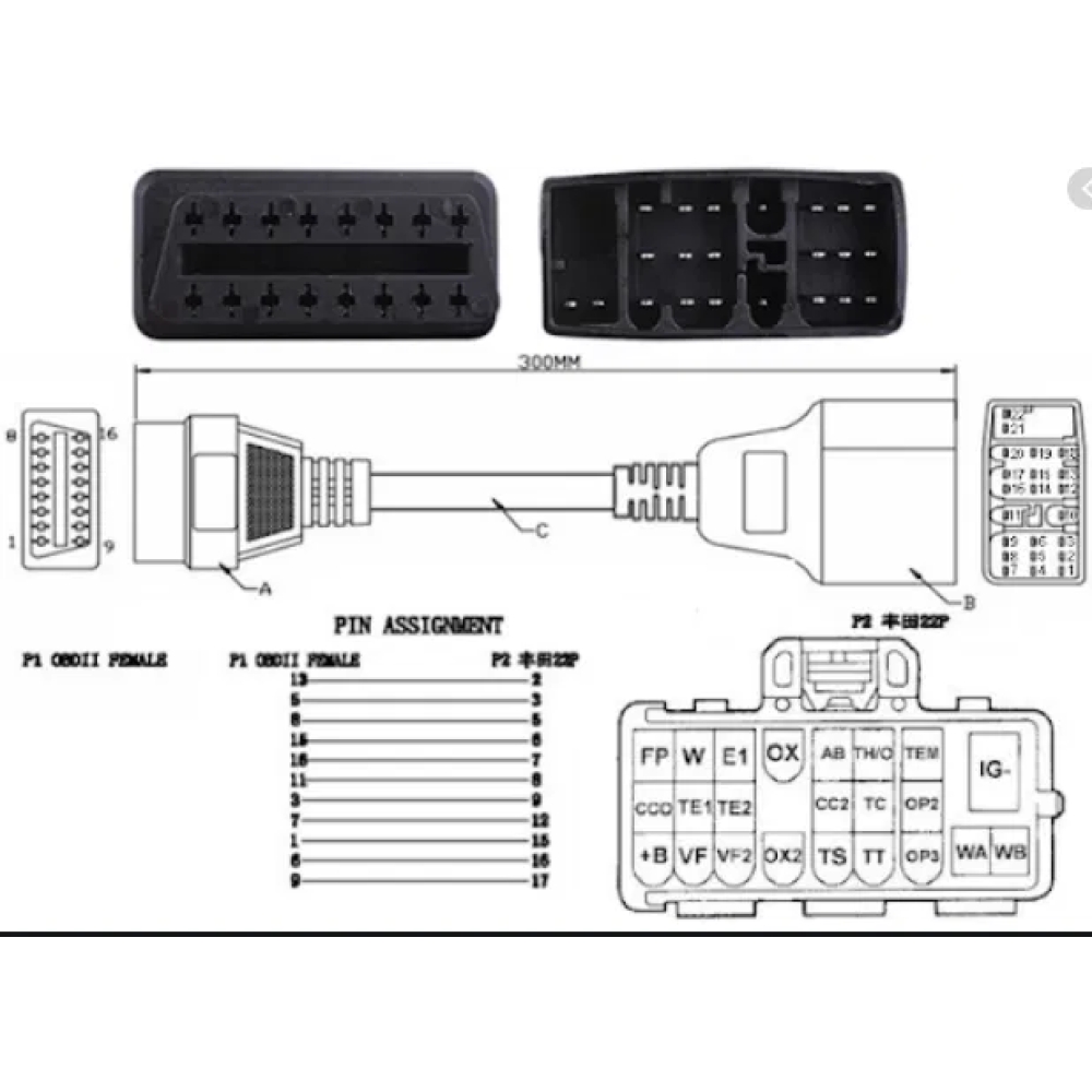 Перехідник для сканера Toyota Тойота 22 Pin -> OBD 2 ELM327 адаптер