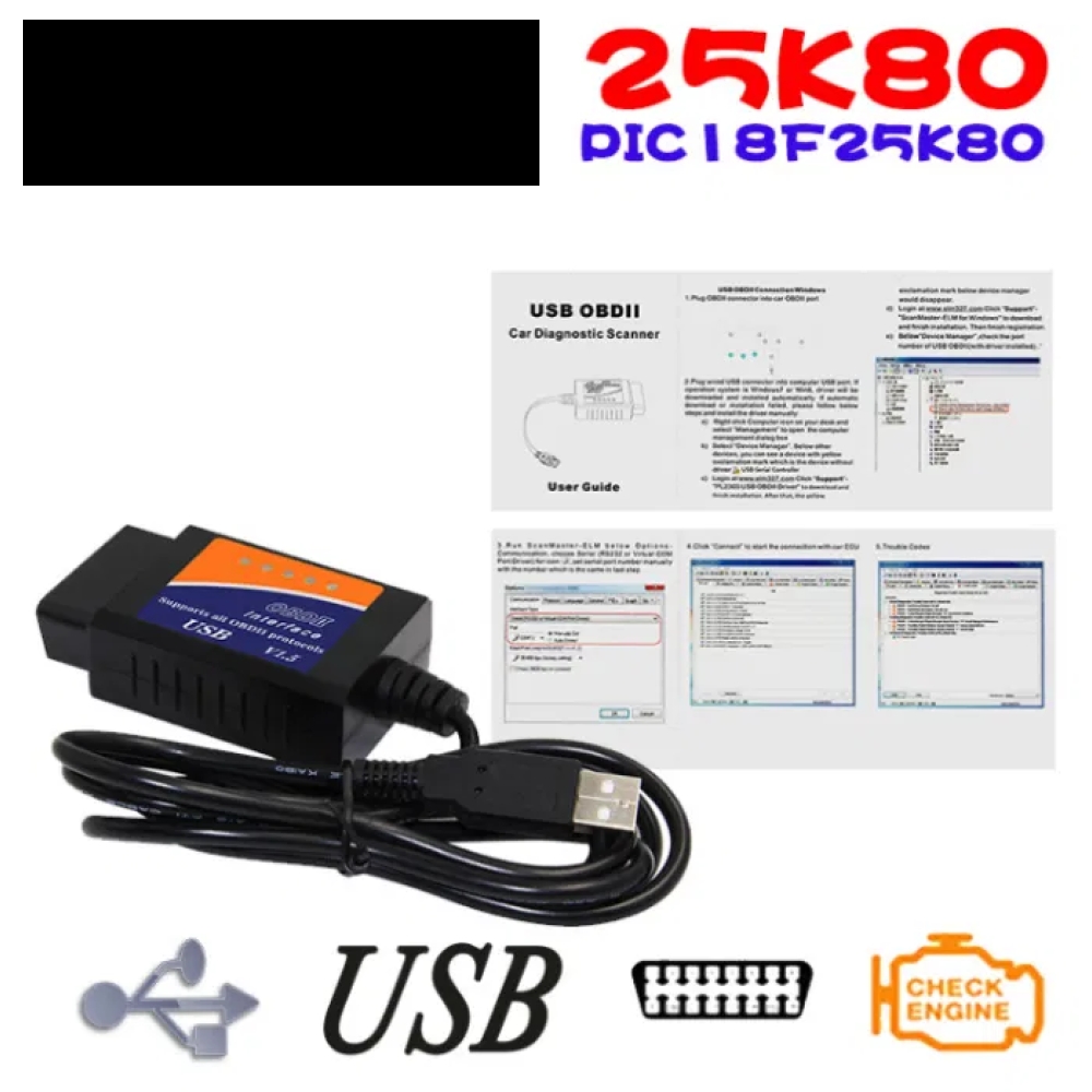 Сканер USB помилок авто діагностика ELM327 V1.5 PIC 25K80 OBD2 обд2 усб