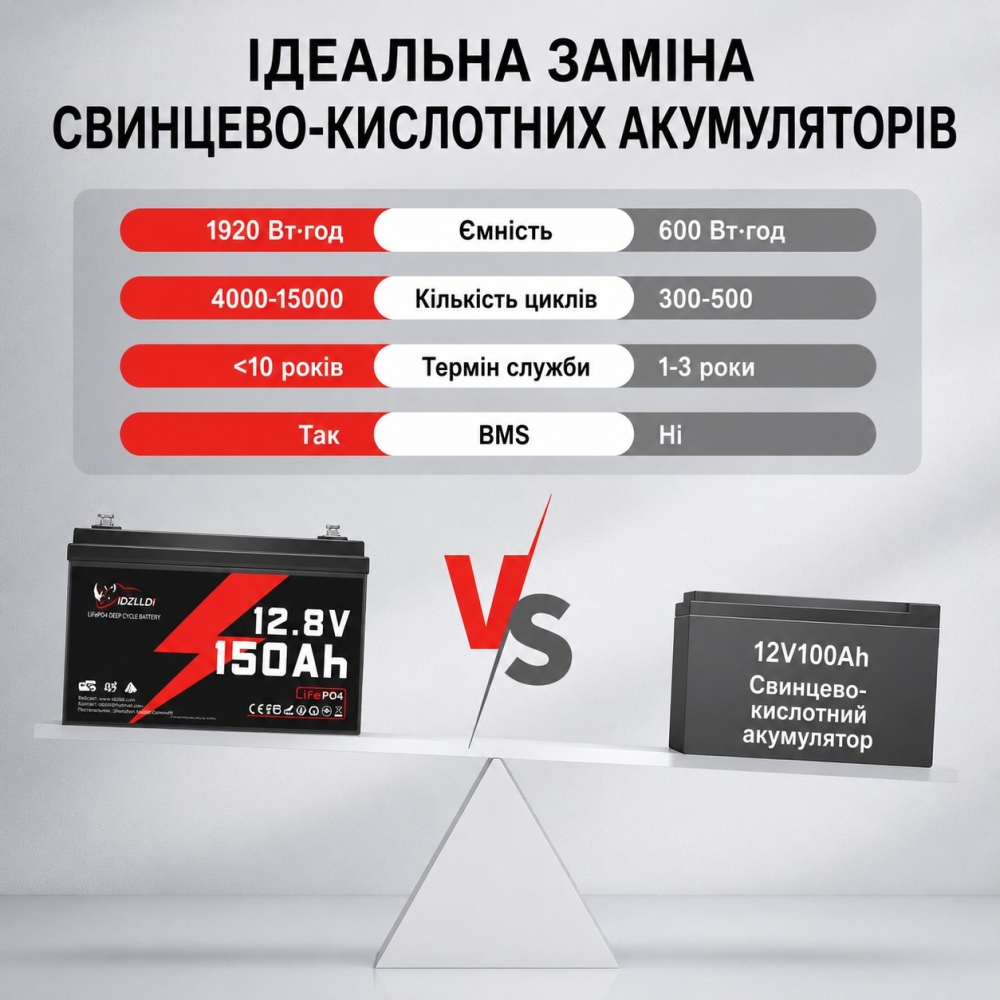 LiFePO4 12V 150 Ah Акумулятор Idzlldi BMS, для для резервного живлення будинку, квартири