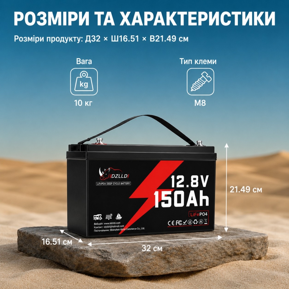 LiFePO4 12V 150 Ah Акумулятор Idzlldi BMS, для для резервного живлення будинку, квартири