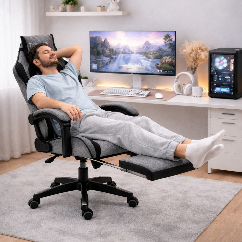 Комплект ThroneX Gaming Set: геймерське крісло з тканини темно-сіре та комп'ютерний стіл з червоними вставками (linen 008)