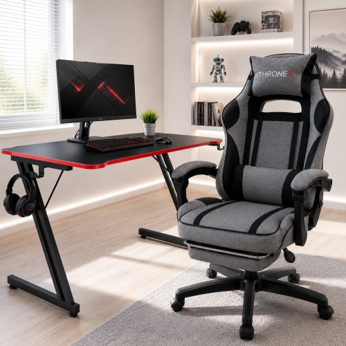 Комплект ThroneX Gaming Set: геймерське крісло з тканини темно-сіре та комп'ютерний стіл з червоними вставками (linen 008)