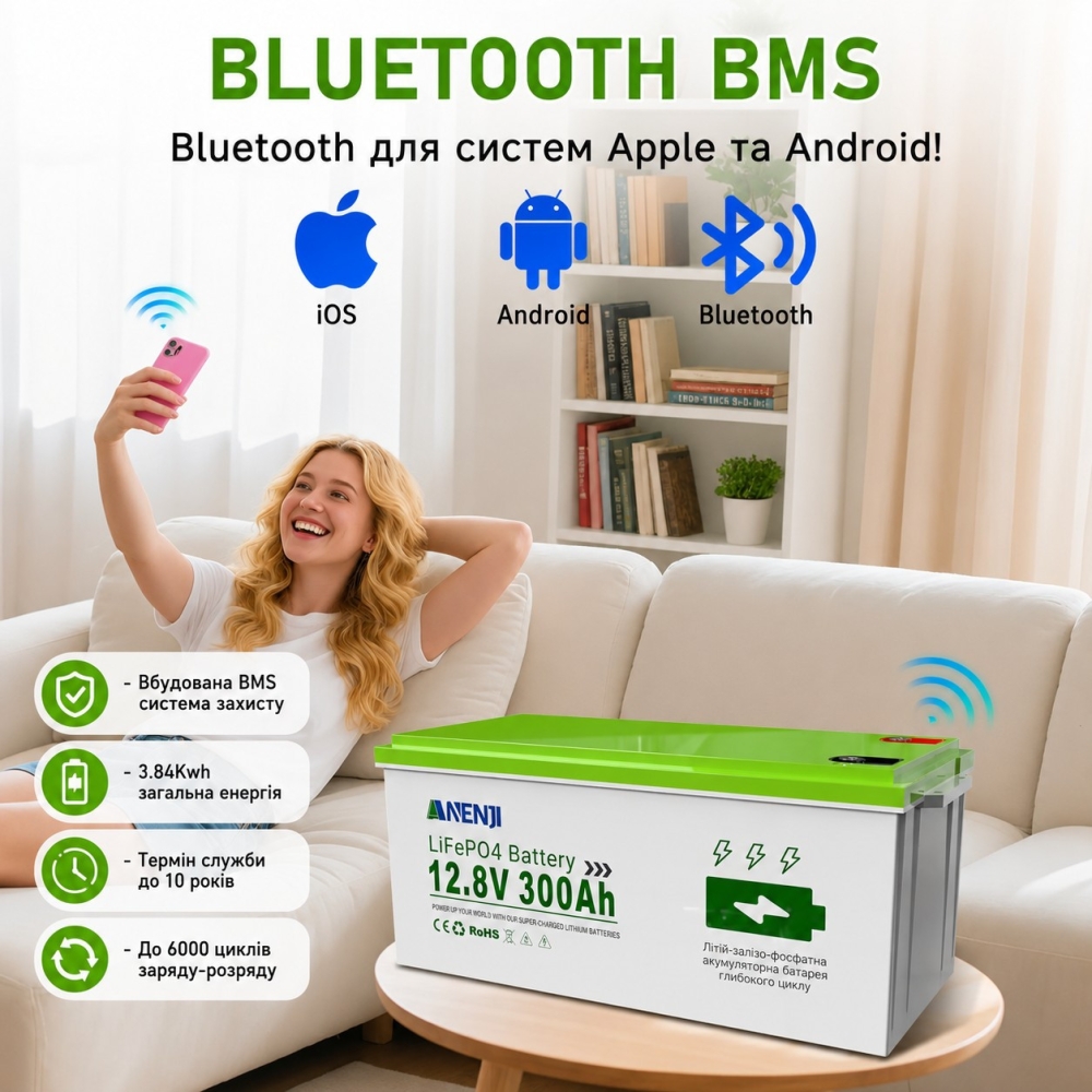LiFePO4 12V/300Ah Акумулятор Anenji вбудований Bluetooth для резервного живлення з BMS