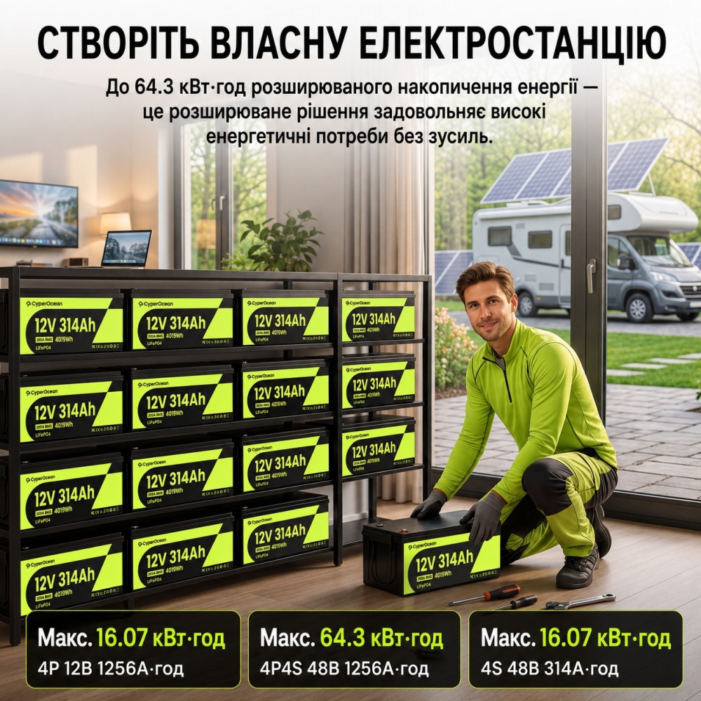 LiFePO4 12V/314Ah Акумулятор CyperOcean з BMS 200 А для систем резервного живлення