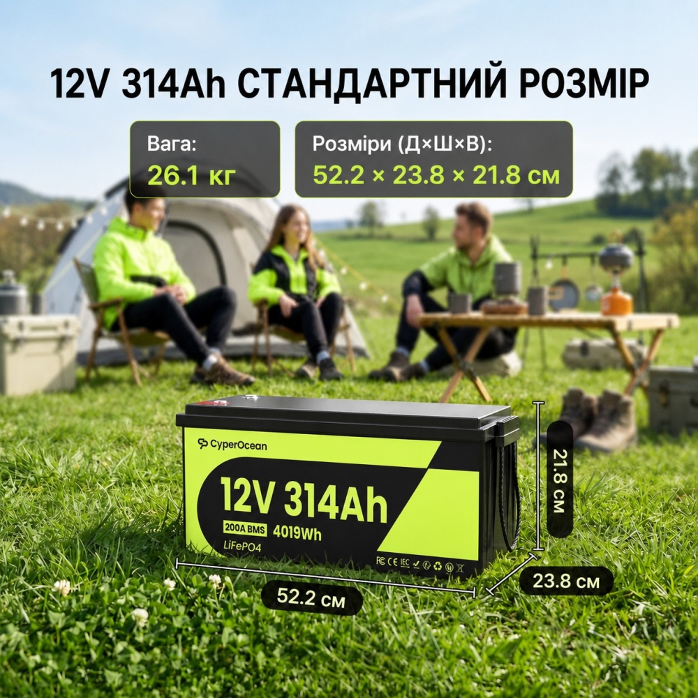 LiFePO4 12V/314Ah Акумулятор CyperOcean з BMS 200 А для систем резервного живлення