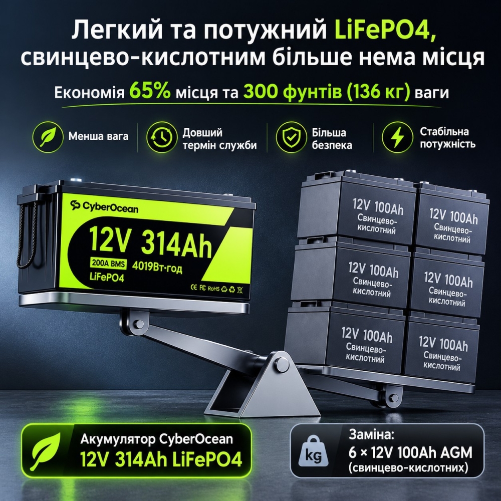 LiFePO4 12V/314Ah Акумулятор CyperOcean з BMS 200 А для систем резервного живлення