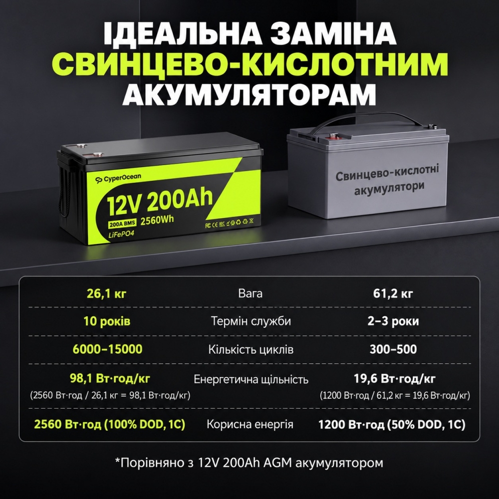 LiFePO4 12V/200Ah Акумулятор CyperOcean з BMS 200 А для систем резервного живлення