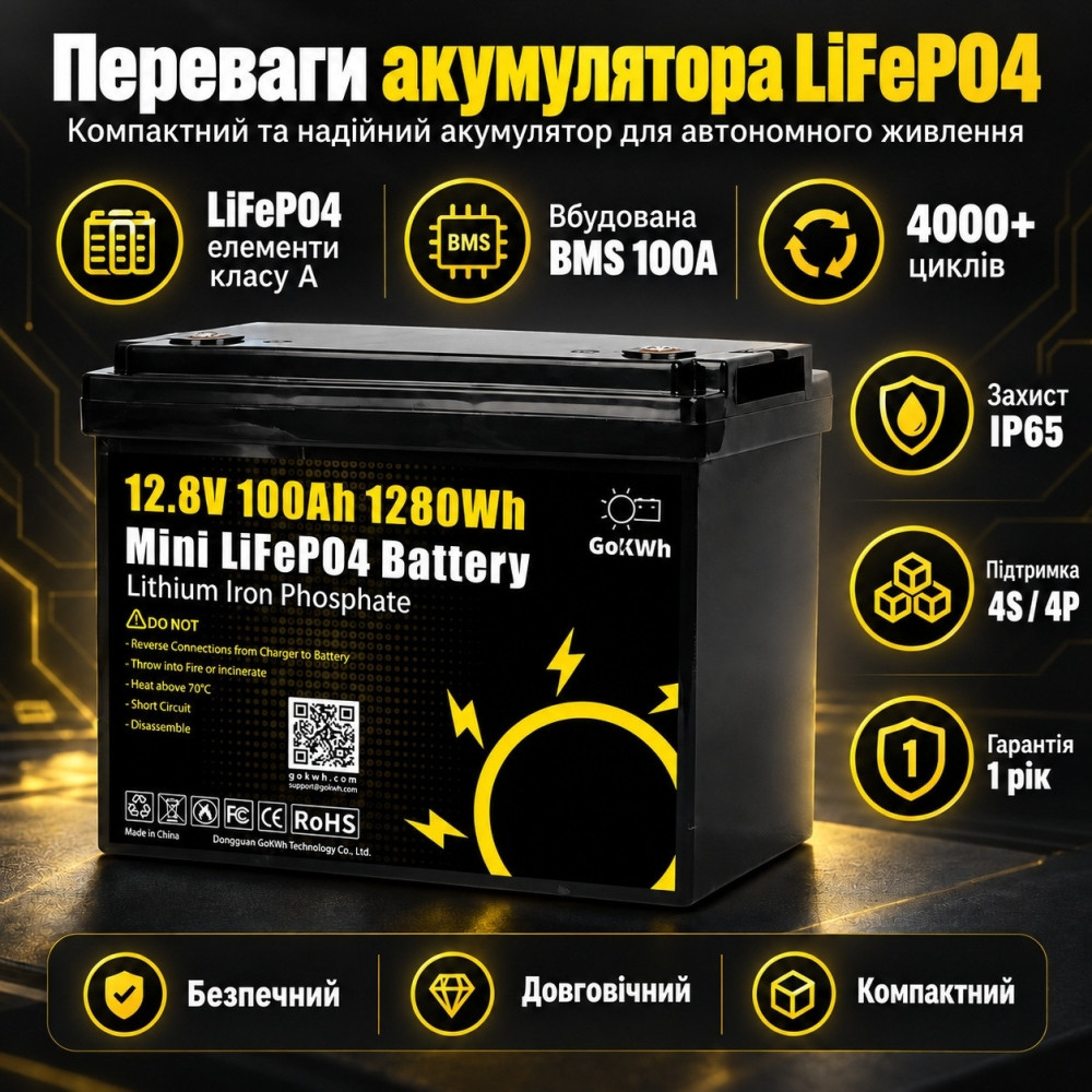 4,0 кВт LiFePO4 Комплект резервного живлення інвертор Anern Wi-Fi + 2 Акумулятори 12V/100Ah GoKWh Mini для будинку, квартири