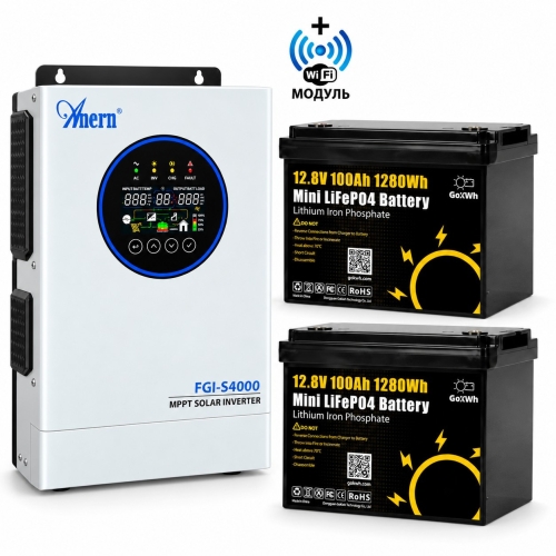 4,0 кВт LiFePO4 Комплект резервного живлення інвертор Anern Wi-Fi + 2 Акумулятори 12V/100Ah GoKWh Mini для будинку, квартири