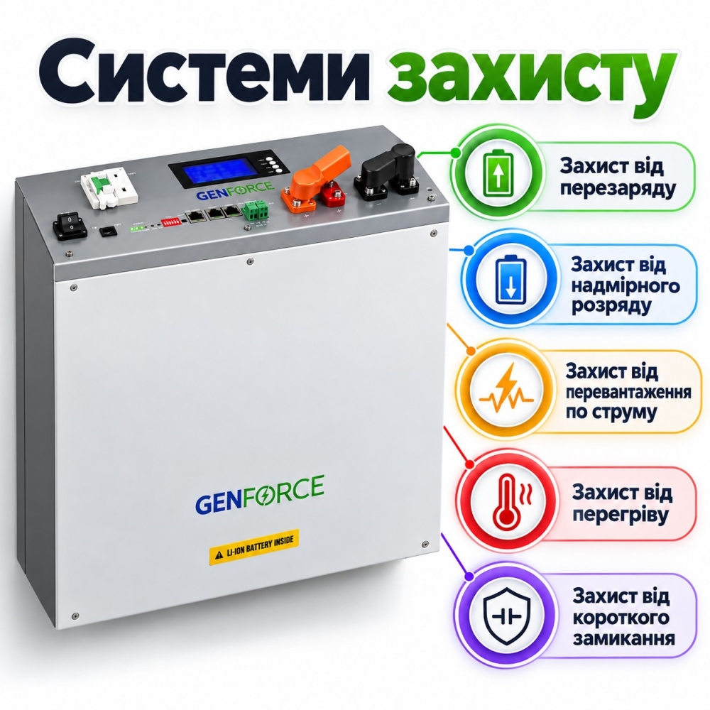 6,2 кВт*год Комплект резервного живлення Інвертор Humsienk + акумулятор 5,12 кВт·год GENFORCE, з BMS, Wi-Fi та Bluetooth настінний