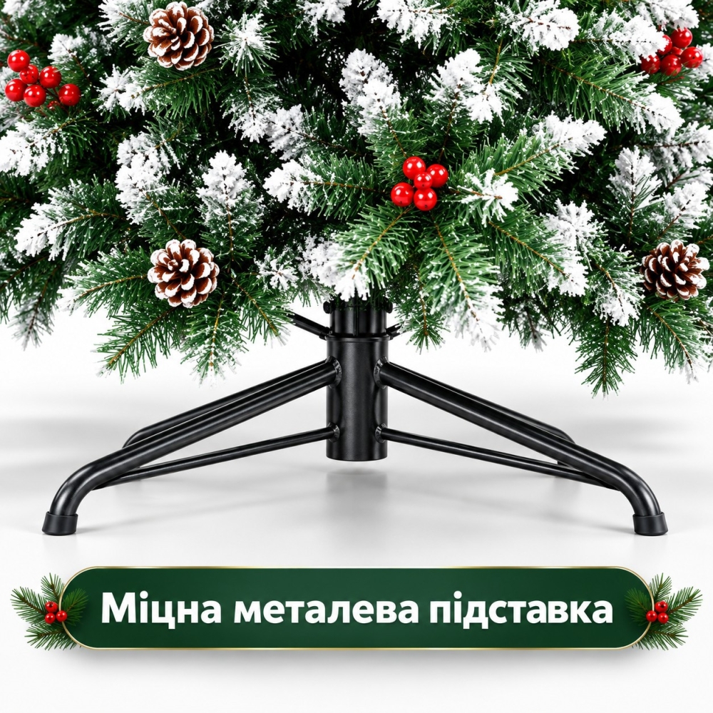 Штучна засніжена ялинка, 150 см із шишками та червоними ягодами, з PVC-хвої, (ПВХ, полівінілхлориду) MT-2621