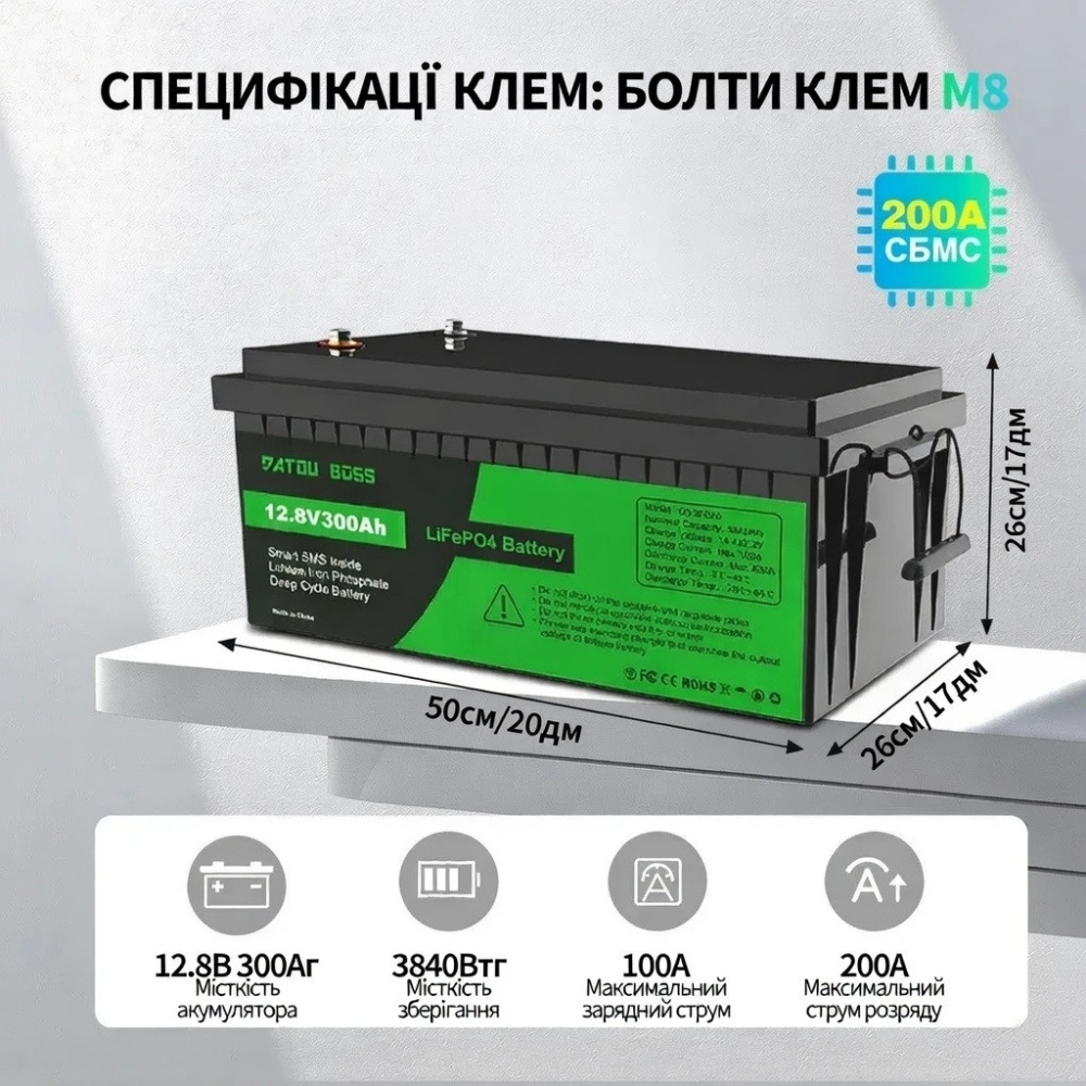 Уцінка! LiFePO4 12V/300AH Акумулятор Datouboss (3840W*h) для систем резервного живлення (UPS) будинку
