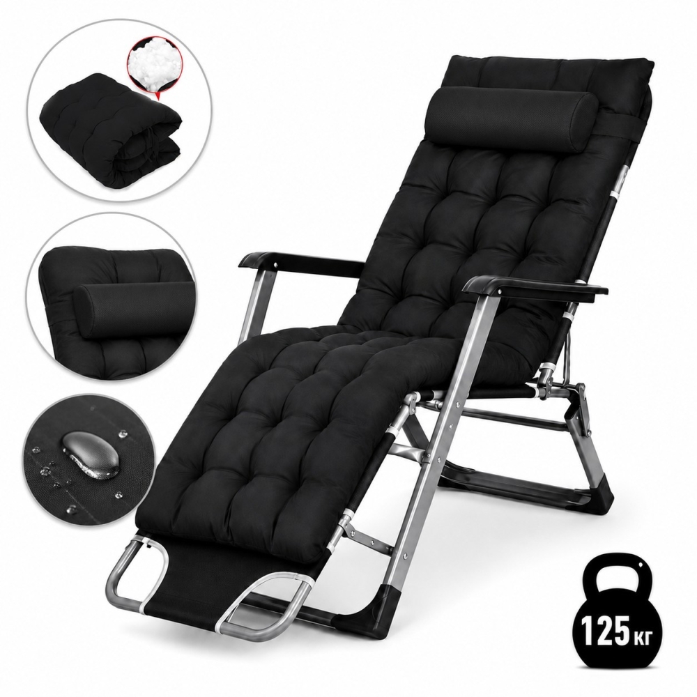 Садове пляжне крісло Ideal Garden Premium з матрацом та подушкою, до 125 кг, чорний, шезлонг для саду та тераси