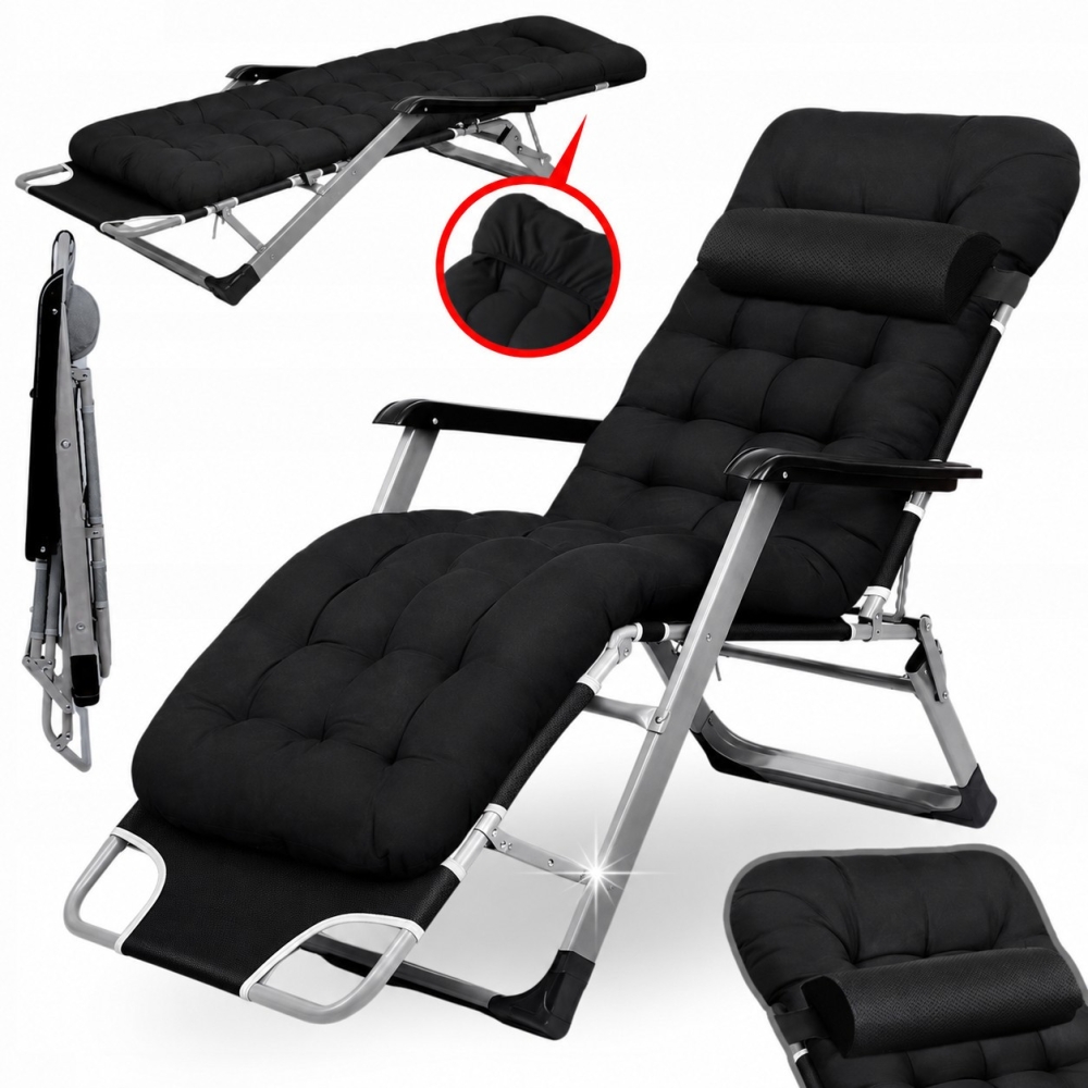 Садове пляжне крісло Ideal Garden Premium з матрацом та подушкою, до 125 кг, чорний, шезлонг для саду та тераси