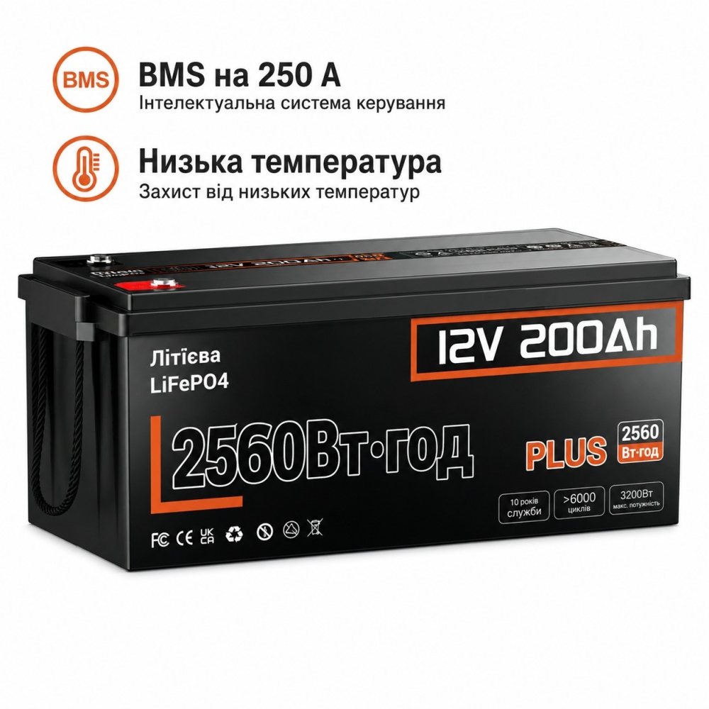 Комплект Lifepo4 5120 Вт*ч, 12V/200Ah 2 акумулятора Humsienk 2560 Вт*год, 250A BMS для систем резервного живлення