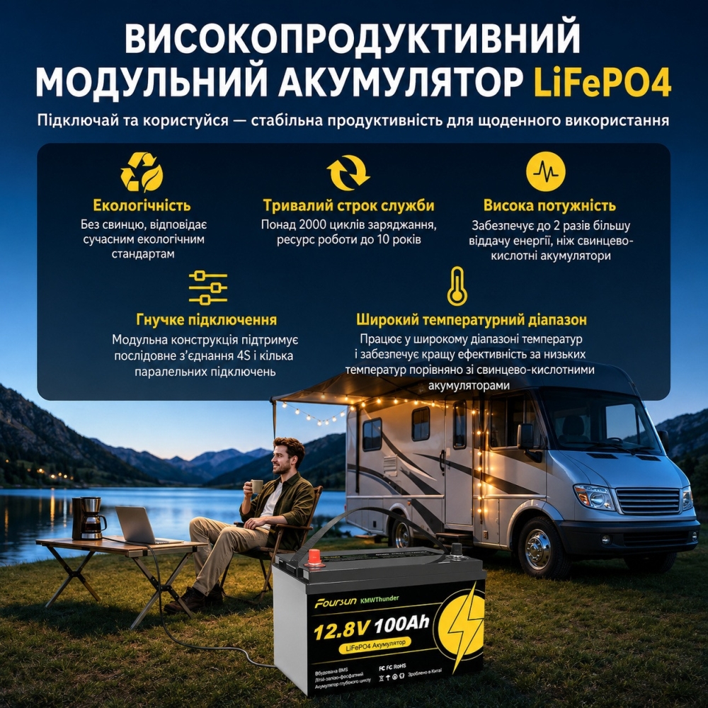 LiFePO4 12V 100Ah Акумулятор Foursun 1280Wh, 100A, з BMS платою