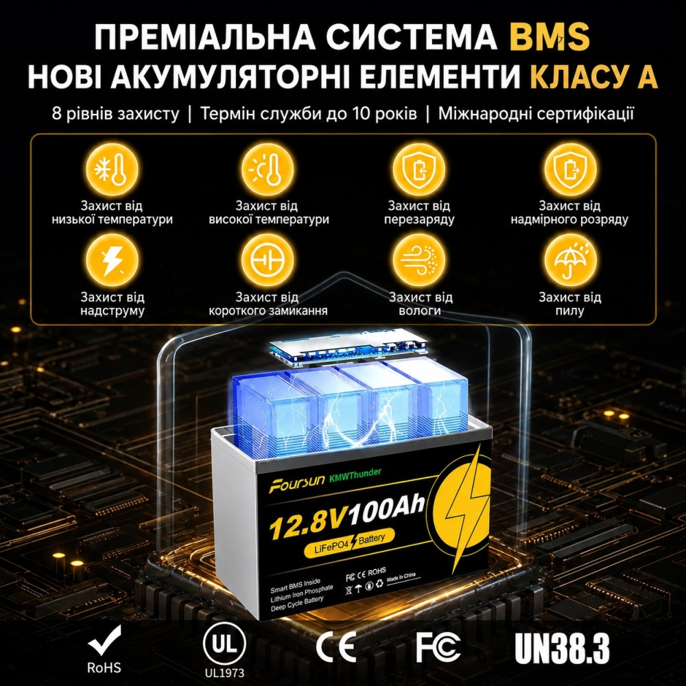 LiFePO4 12V 100Ah Акумулятор Foursun 1280Wh, 100A, з BMS платою
