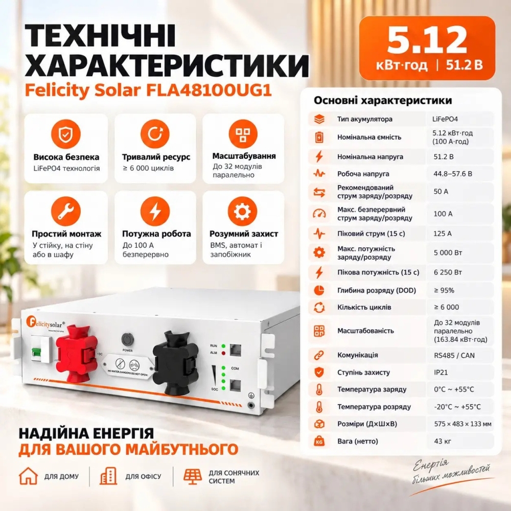 LiFePO4 51,2V/100Ah Акумулятор Felicity з BMS 100 А для систем резервного живлення