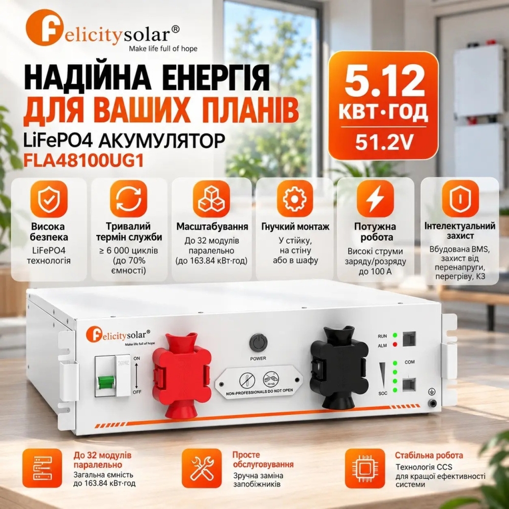 LiFePO4 51,2V/100Ah Акумулятор Felicity з BMS 100 А для систем резервного живлення