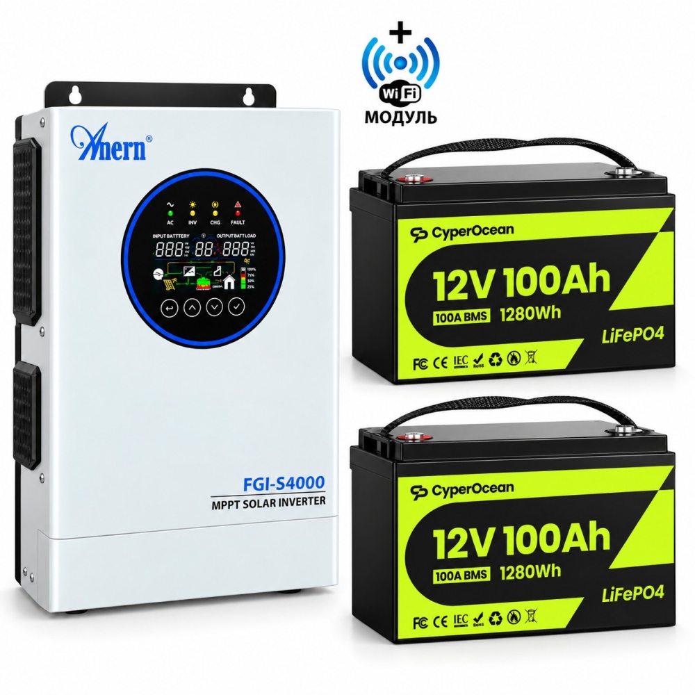 4,0 кВт LiFePO4 Комплект резервного живлення інвертор Anern Wi-Fi + 2 Акумулятори 12V/100Ah CyperOcean для будинку, квартири