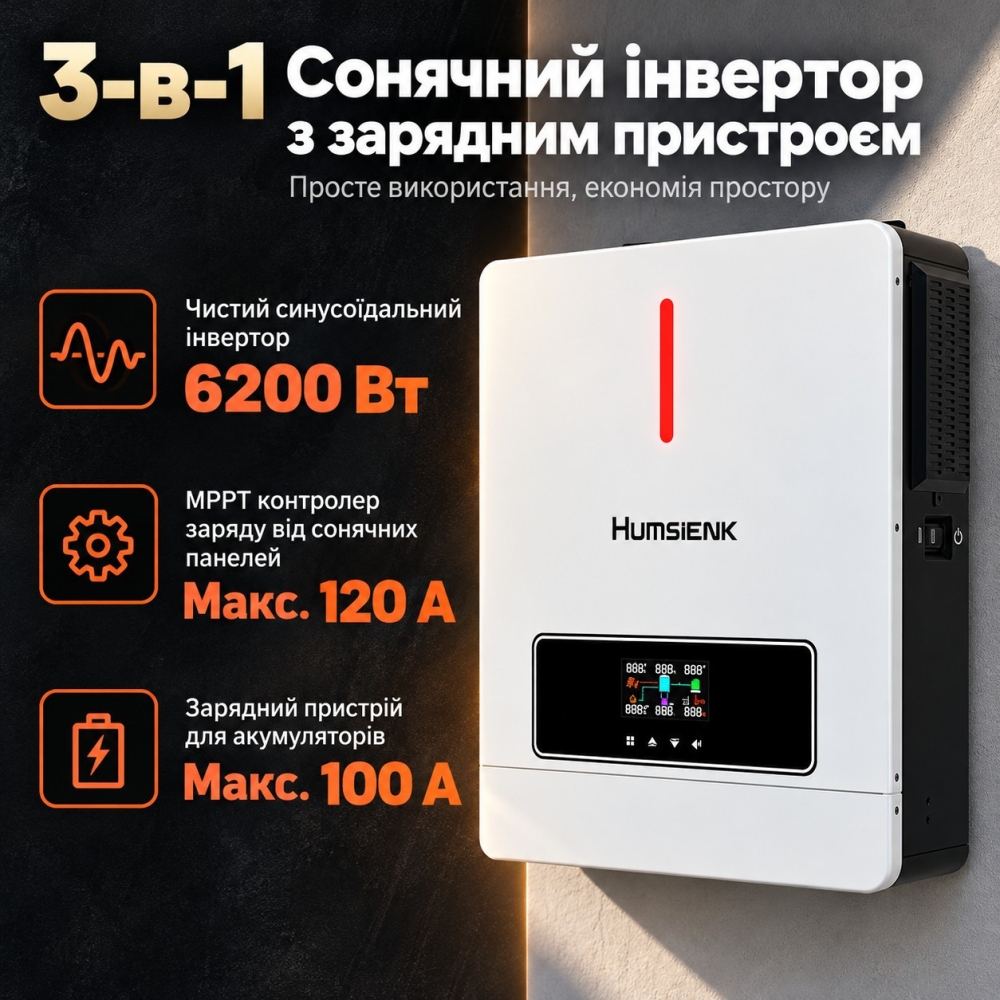 6,2 кВт*год Комплект резервного живлення Інвертор Humsienk + акумулятор 5,12 кВт·год GENFORCE, з BMS, Wi-Fi та Bluetooth рековий