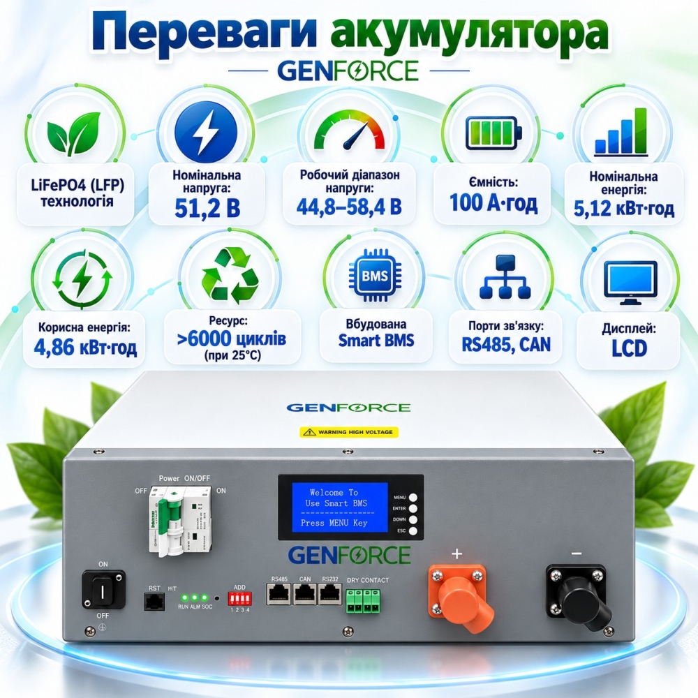 6,2 кВт*год Комплект резервного живлення Інвертор Humsienk + акумулятор 5,12 кВт·год GENFORCE, з BMS, Wi-Fi та Bluetooth рековий