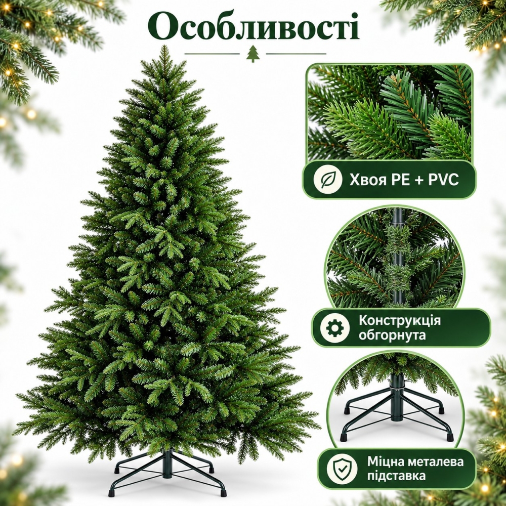 Штучна ялинка 210 см, литі гілочки PE + PVC  зеленa, металева підставка Новорічна Різдвяна