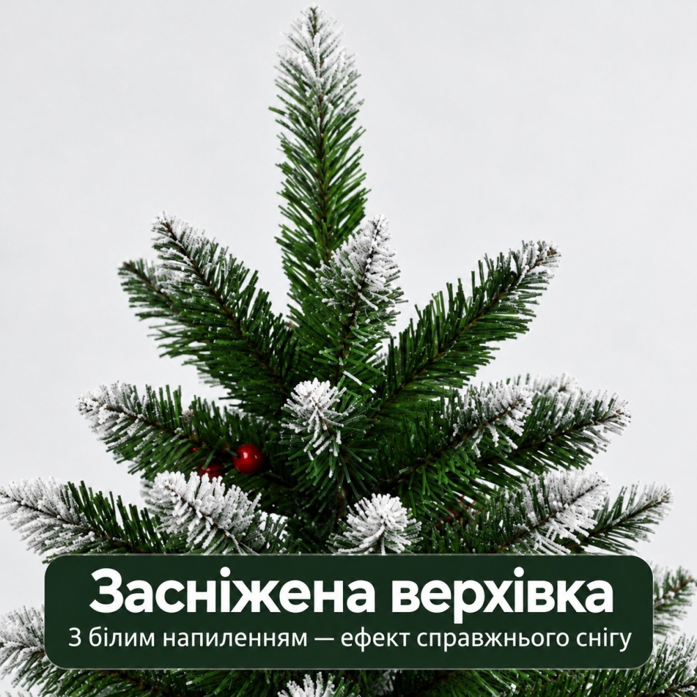 Штучна засніжена ялинка, 210 см із шишками та червоними ягодами, з PVC-хвої, (ПВХ, полівінілхлориду) MT-2623